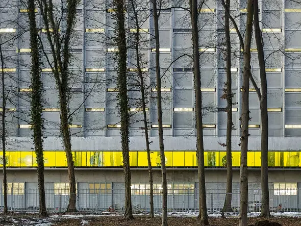 Kraftwerk im Wald in der Abenddämmerung