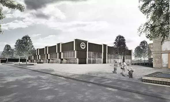 Aussenansicht der Eissporthalle mit dem vorgelagertem Platz