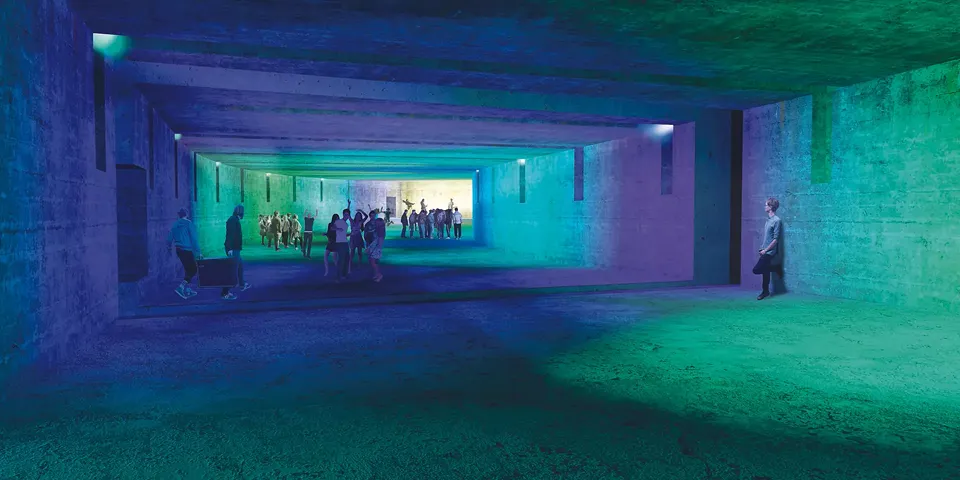 Vue intérieure de nuit du tunnel Ouest