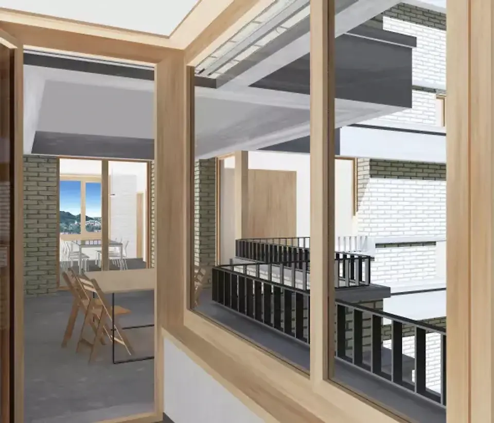 Sicht von Zimmer über den Balkon ins nächste Zimmer