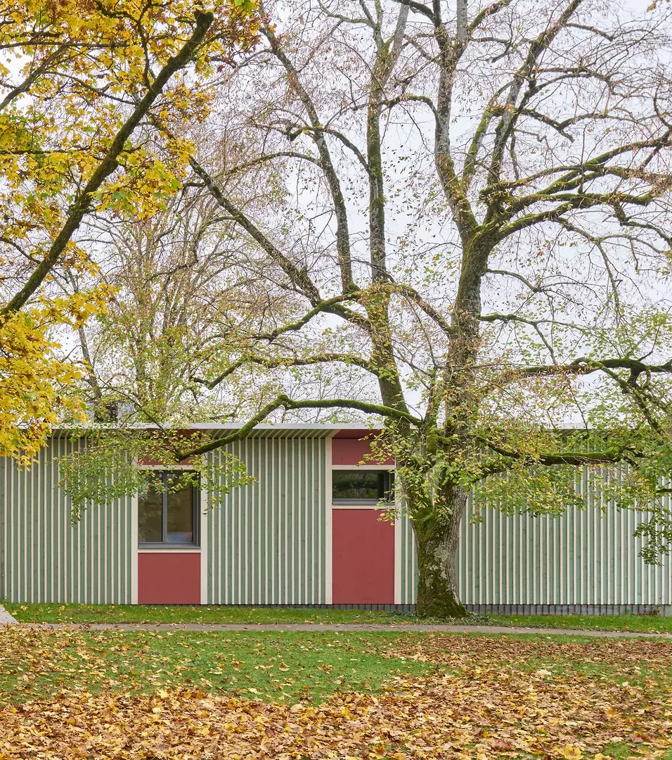 Der temporäre Holzmodulbau ruht auf Schraubfundamenten, wodurch die Eingriffe in den Boden minimiert und die bestehenden Bäume erhalten bleiben konnten.