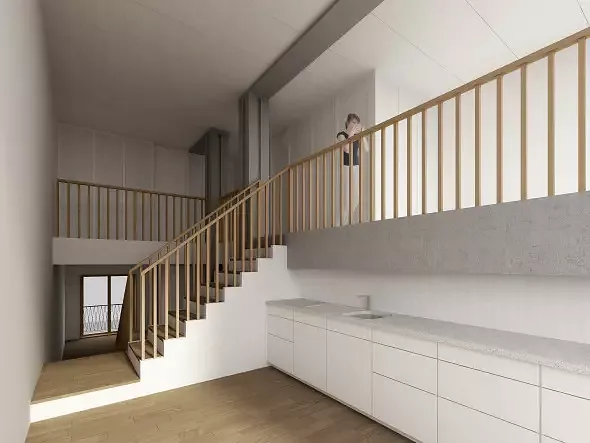 Die Wohnung auf drei Etagen hat einen direkten Zugang zum erhöhten Platz. Die Tragstruktur emanzipiert sich sichtbar von der Raumstruktur.