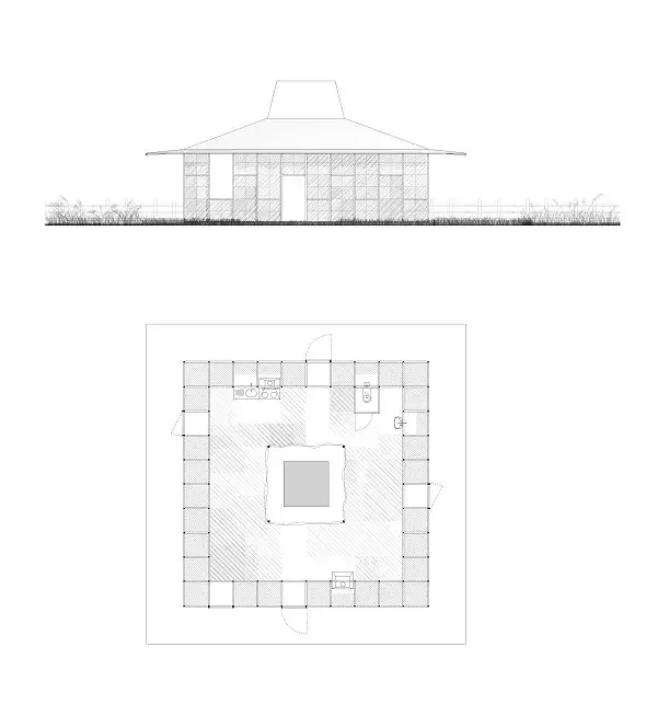 Plan and elevation show the very few permanent elements of the House of Seasons.