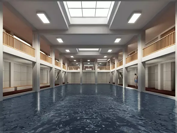 Als grosse öffentliche Nutzung enthält das Haus ein Hallenbad.
