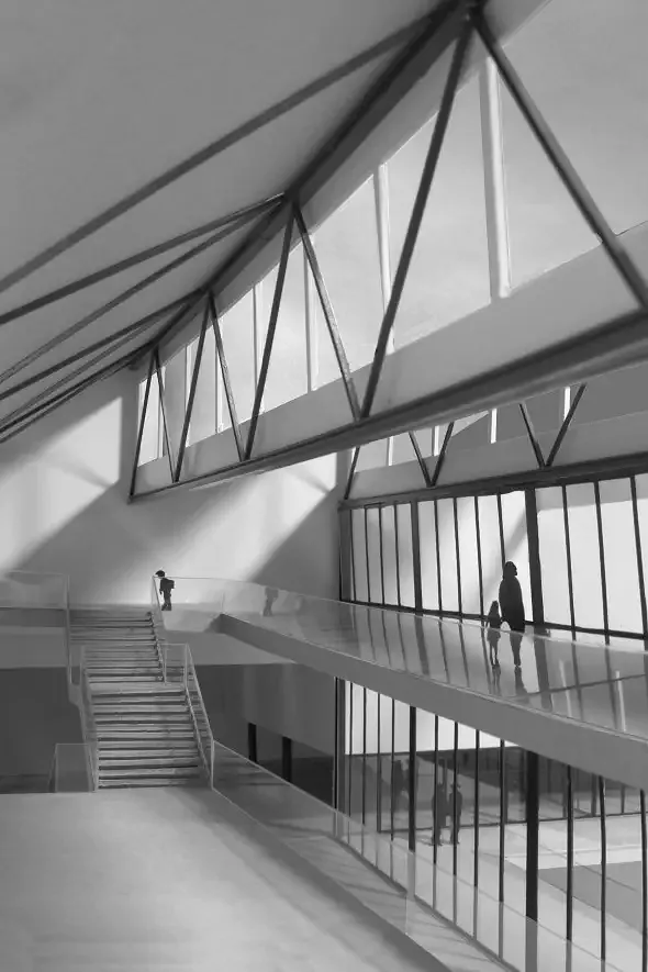 Modellfotografie, Blick von der Galerie in der grossen Halle Richtung Eingang und Turnhalle