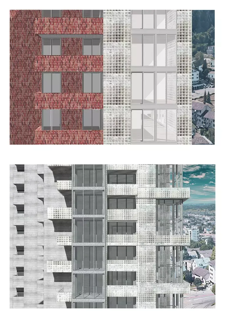 Fassaden: Klinker und Glas / Beton und Glas