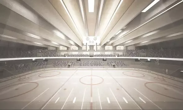 Innenbild der Eissporthalle mit Eisfeld und zwei Zuschauerrängen für 6000 Personen