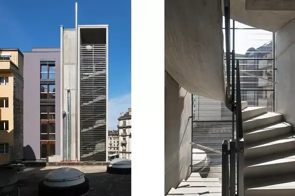 Façade cour / cage escalier béton brut, façade isolation extérieure avec crépi fin