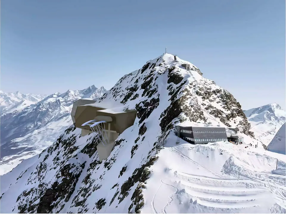 Un rendu de la station de montagne du téléphérique  jusqu’à Testa Grigia  (Italie) qui est en cours de  construction. Grâce à leur polygonalité et leur enveloppe composée de panneaux  solaires, les bâtiments se présentent comme un seul et même ensemble.