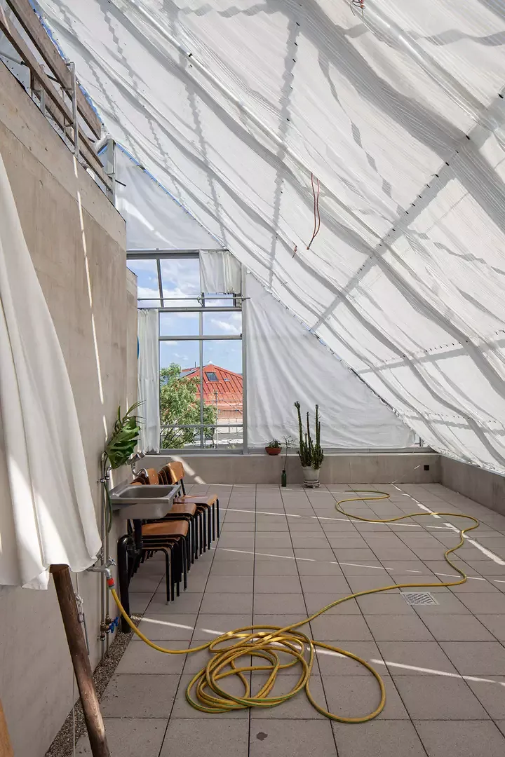Im Winter können die Kübelpflanzen von  den Balkonen in das Gewächshaus auf dem Dach gebracht werden. Zudem dient es den Bewohner*innen als Multifunktionsraum.