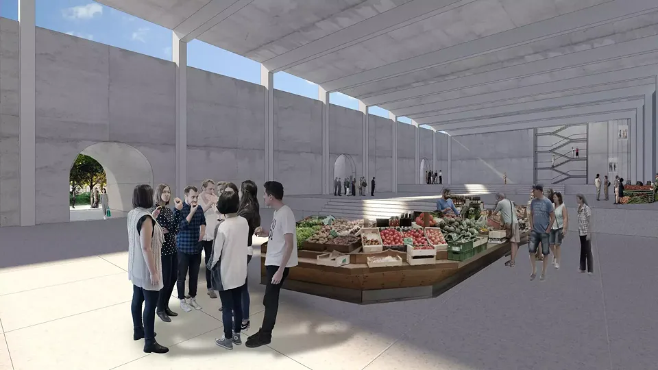Vue depuis l'intérieur de la Halle de marché creusée sous l'infrastructure