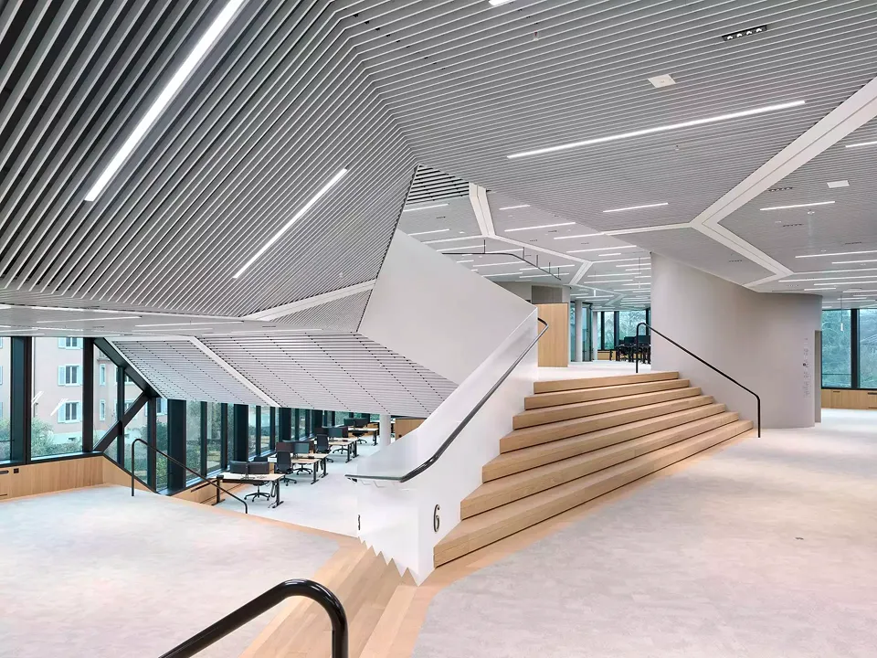 Das «Büro ohne Grenzen» ist für interdisziplinäre Teams frei unterteilbar. Kurze, aber breite Treppen schaffen überschaubare Zonierungen mit nahezu wohnlicher Atmosphäre. 