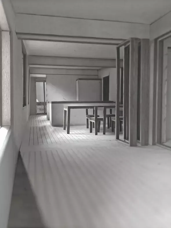 Innenraummodell Blick von Loggia richtung Wohnen über Essen und Küche