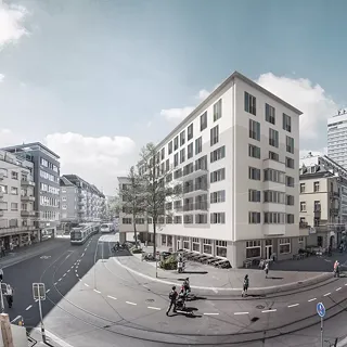 oben - Die mehrgeschossige Aufstockung als Abschluss des Hauses am Beispiel eines Wohngebäudes in Zürich Oerlikon