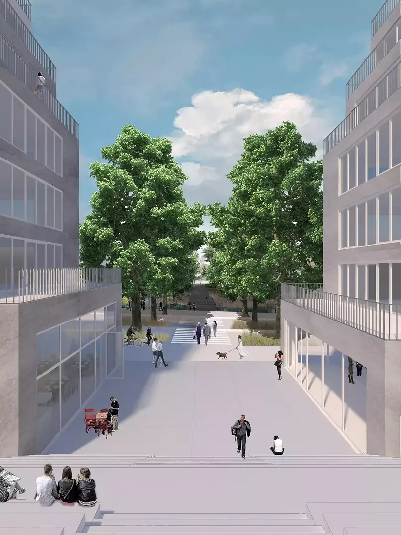 Vue depuis un escalier qui relie les rues adjacentes à la voie et au parc