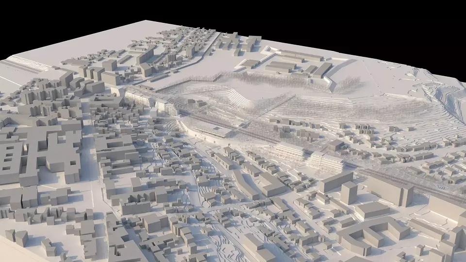 Vue aérienne générale de l'intervention, depuis le Sud