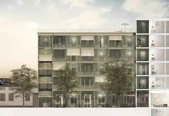 Schnittansicht durch die Hotelzimmer und den Hof