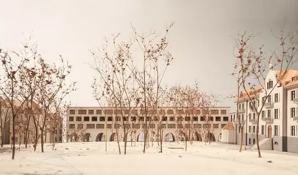 Blick durch den bestehenden Park Richtung Riegelhaus mit Arkade