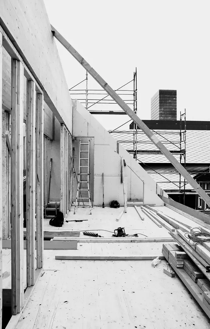 Photo du chantier: Les deux pannes faîtières porteuses sont clairement reconnaissables.