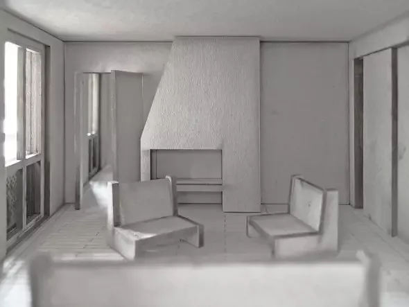 Innenraummodell Wohnen Blick Richtung Cheminee und Schlafzimmer