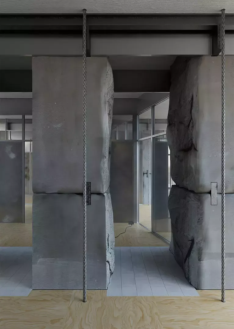Jura Résistante, Intérieur avec des murs constitués de grands blocs de grès de Bollinger précontraints, Lara Biesser + Theodor Domanski