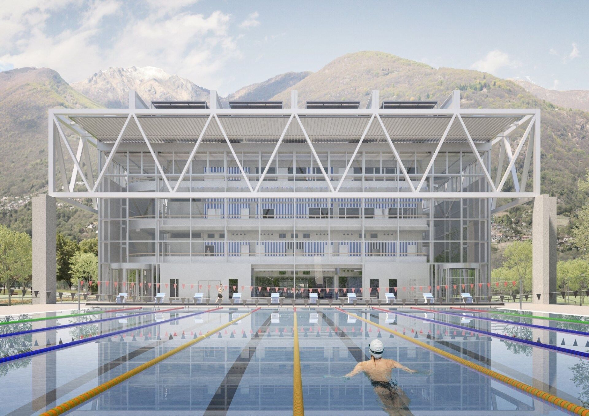 Das Herzstück des Schwimmzentrums im Centro Sportivo Tenero bildet die neue Schwimmhalle. | Visualisierung: COOPI Architekten / BBL / OVI Images GmbH Das Herzstück des Schwimmzentrums im Centro Sportivo Tenero bildet die neue Schwimmhalle. | Visualisierung: COOPI Architekten / BBL / OVI Images GmbH