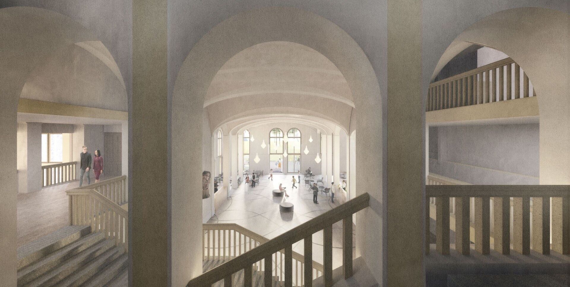 Visualisierung des Foyer Süd mit neuer Eingangssituation: Die Eingangshalle im Erdgeschoss des Moserbaus bildet mit der historischen Treppenhalle und dem Nordfoyer künftig ein «offenes, durchlässiges Ganzes». | Visulisierung © Nightnurse Images AG, Zürich Visualisierung des Foyer Süd mit neuer Eingangssituation: Die Eingangshalle im Erdgeschoss des Moserbaus bildet mit der historischen Treppenhalle und dem Nordfoyer künftig ein «offenes, durchlässiges Ganzes». | Visulisierung © Nightnurse Images AG, Zürich