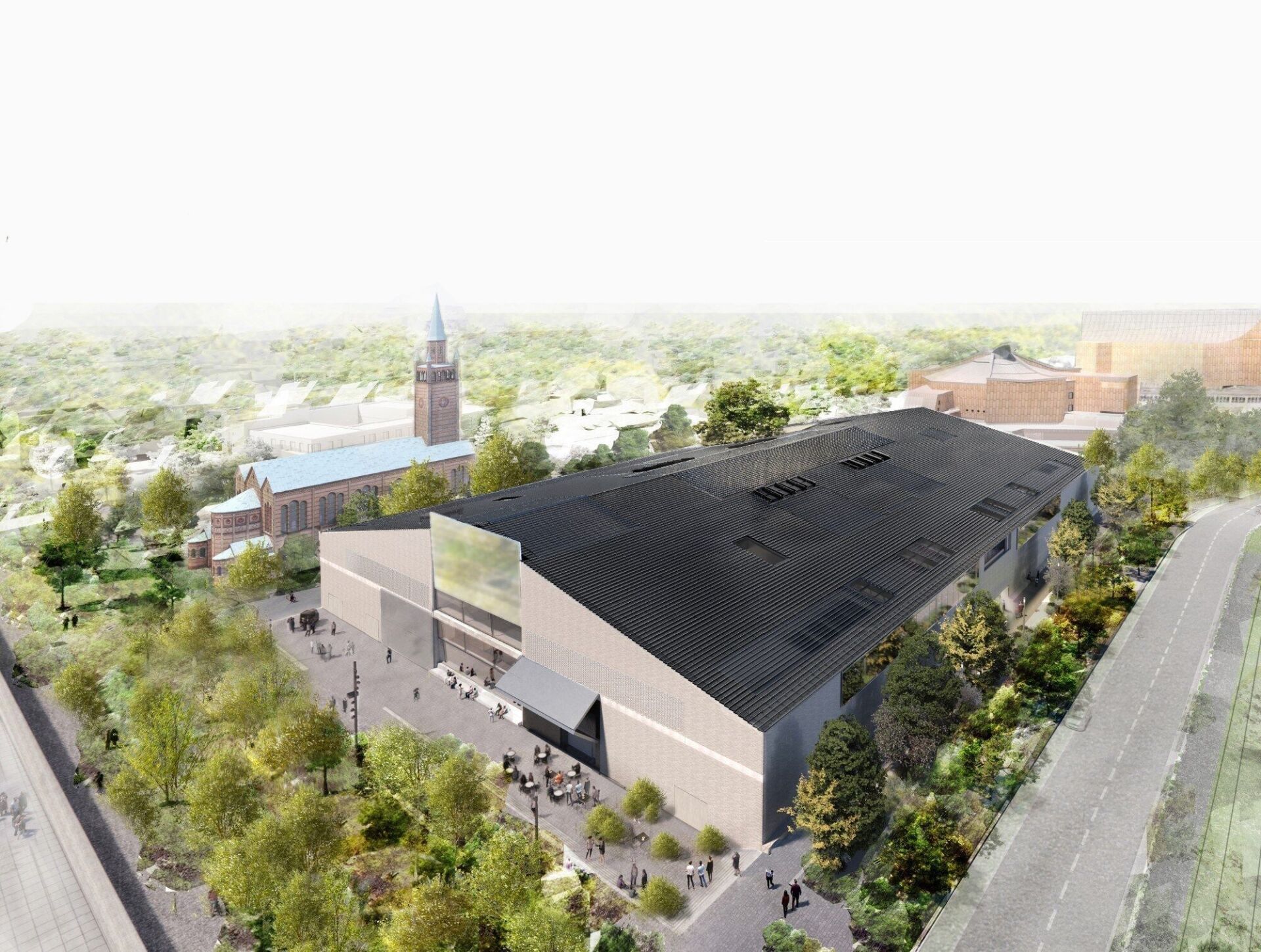Unter dem mit Solarzellen versehenen Satteldach verbergen sich vielfältige Räume. Rechts im Hintergrund: Hans von Scharouns Philharmonie | Visualisierung: Herzog & de Meuron Unter dem mit Solarzellen versehenen Satteldach verbergen sich vielfältige Räume. Rechts im Hintergrund: Hans von Scharouns Philharmonie | Visualisierung: Herzog & de Meuron