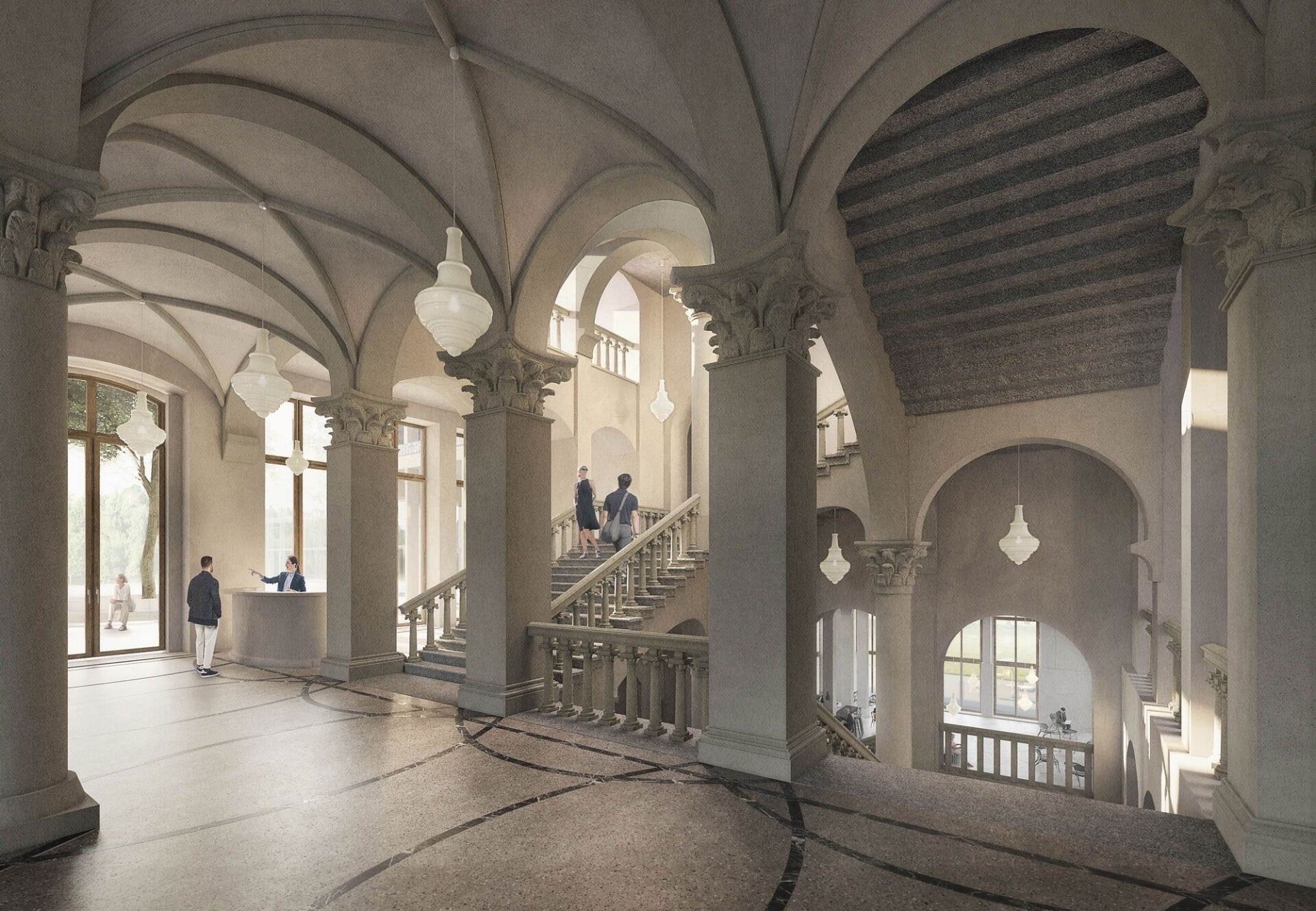 Visualisierung des Foyer Nord: Die aktuell eher düstere Treppenhalle mit lateralen Fenstern ergänzt und so zu einem zentralen, lichtdurchfluteten Element des ursprünglichen und des neuen Museums. | Visulisierung © Nightnurse Images AG, Zürich Visualisierung des Foyer Nord: Die aktuell eher düstere Treppenhalle mit lateralen Fenstern ergänzt und so zu einem zentralen, lichtdurchfluteten Element des ursprünglichen und des neuen Museums. | Visulisierung © Nightnurse Images AG, Zürich