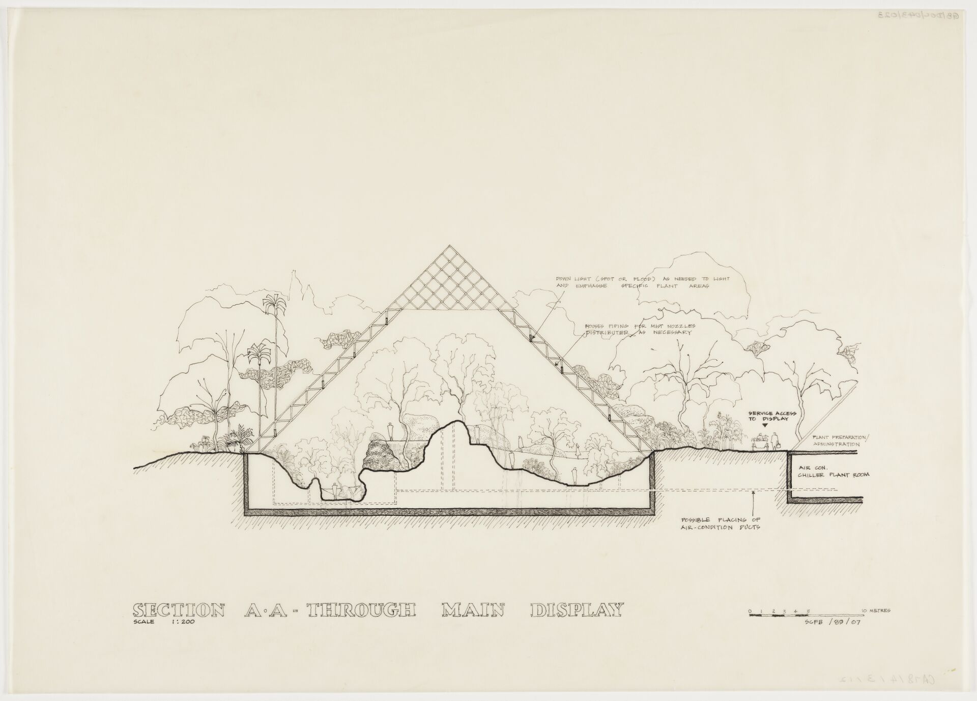 Der Singapore Cloud Centre war ein Wettbewerbsbeitrag. Der Schnitt durch den Hauptausstellungsbereich zeigt, wie die Landschaft sich durch das Gebäude hätte ziehen sollen. | Plan: Geoffrey Bawa, Tusche auf Papier, 1989 © M+ Hong Kong, Geoffrey Bawa & Lunuganga Trusts Der Singapore Cloud Centre war ein Wettbewerbsbeitrag. Der Schnitt durch den Hauptausstellungsbereich zeigt, wie die Landschaft sich durch das Gebäude hätte ziehen sollen. | Plan: Geoffrey Bawa, Tusche auf Papier, 1989 © M+ Hong Kong, Geoffrey Bawa & Lunuganga Trusts
