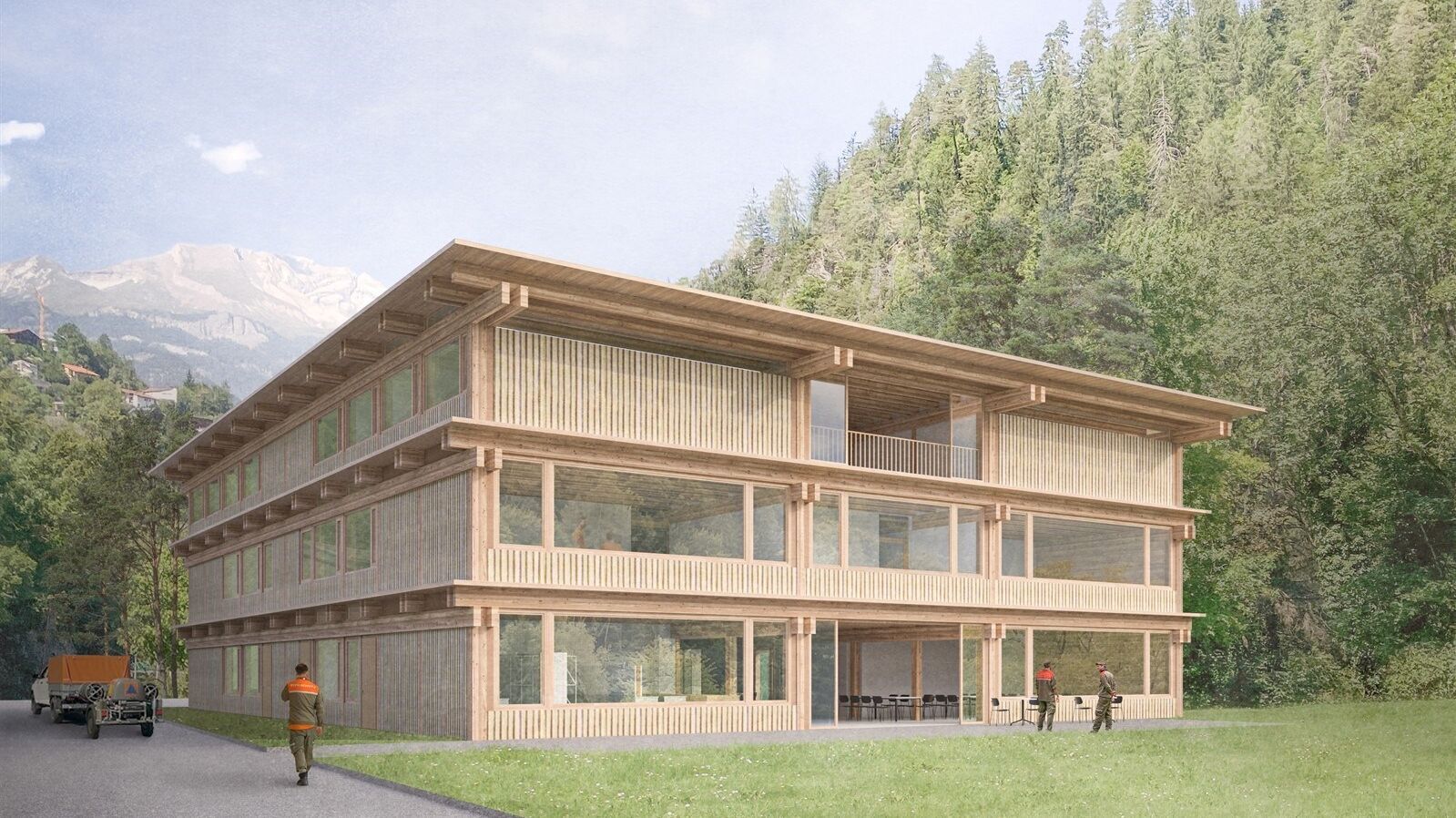 Das Projekt sieht einen dreigeschossigen Baukörper in Holzbauweise vor. | Visualisierung: atelier tsu / bersa / Tao Architects Office, Chur Das Projekt sieht einen dreigeschossigen Baukörper in Holzbauweise vor. | Visualisierung: atelier tsu / bersa / Tao Architects Office, Chur