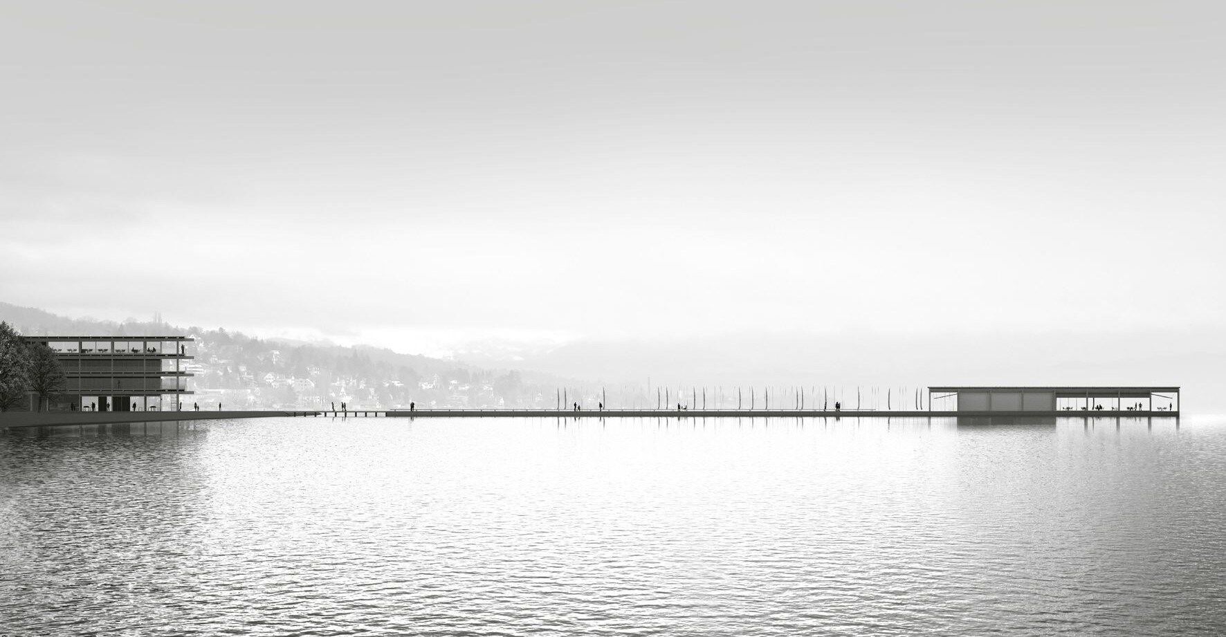 Die Hauptmole soll sich rund 150 Meter in den Zürichsee erstrecken und Sitzgelegenheiten sowie ein Gastroangebot umfassen. | Visualisierung: ZUEND, Zürich / Stadt Zürich, Amt für Hochbauten Die Hauptmole soll sich rund 150 Meter in den Zürichsee erstrecken und Sitzgelegenheiten sowie ein Gastroangebot umfassen. | Visualisierung: ZUEND, Zürich / Stadt Zürich, Amt für Hochbauten