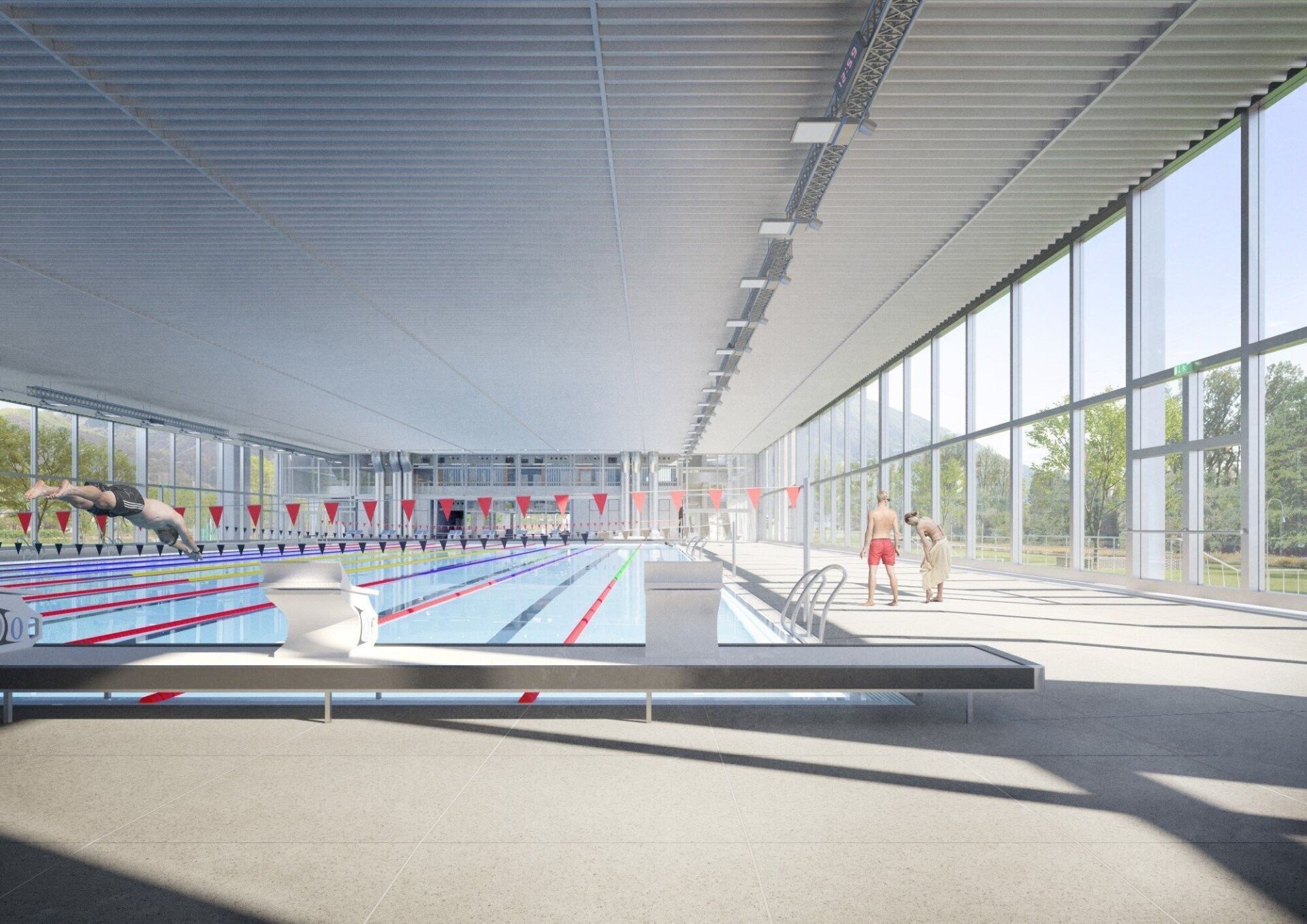 Das Innere der Schwimmhalle | Visualisierung: COOPI Architekten / BBL / OVI Images GmbH Das Innere der Schwimmhalle | Visualisierung: COOPI Architekten / BBL / OVI Images GmbH