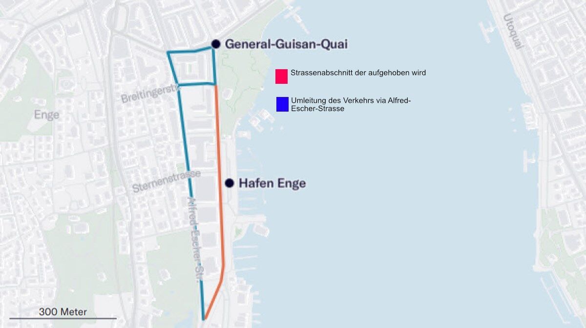 Mögliche Verkehrsführungen | Plan © Openstreetmap / Maptiler / IG Seepärke Zürich Mögliche Verkehrsführungen | Plan © Openstreetmap / Maptiler / IG Seepärke Zürich