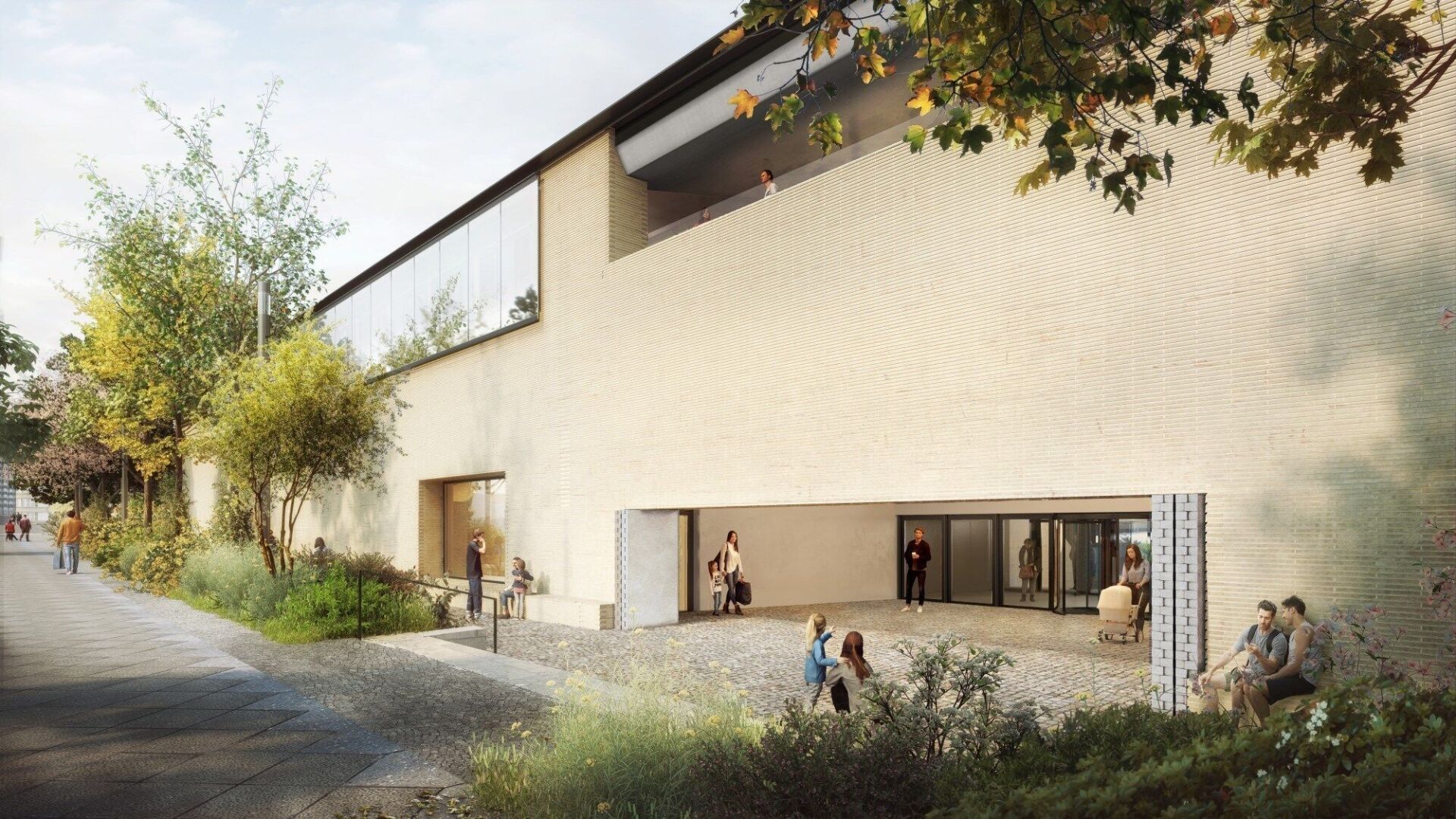 Street Gallery und östlicher Eingang, Ostfassade des Museums am Kulturforum | Visualisierung: Herzog & de Meuron Street Gallery und östlicher Eingang, Ostfassade des Museums am Kulturforum | Visualisierung: Herzog & de Meuron