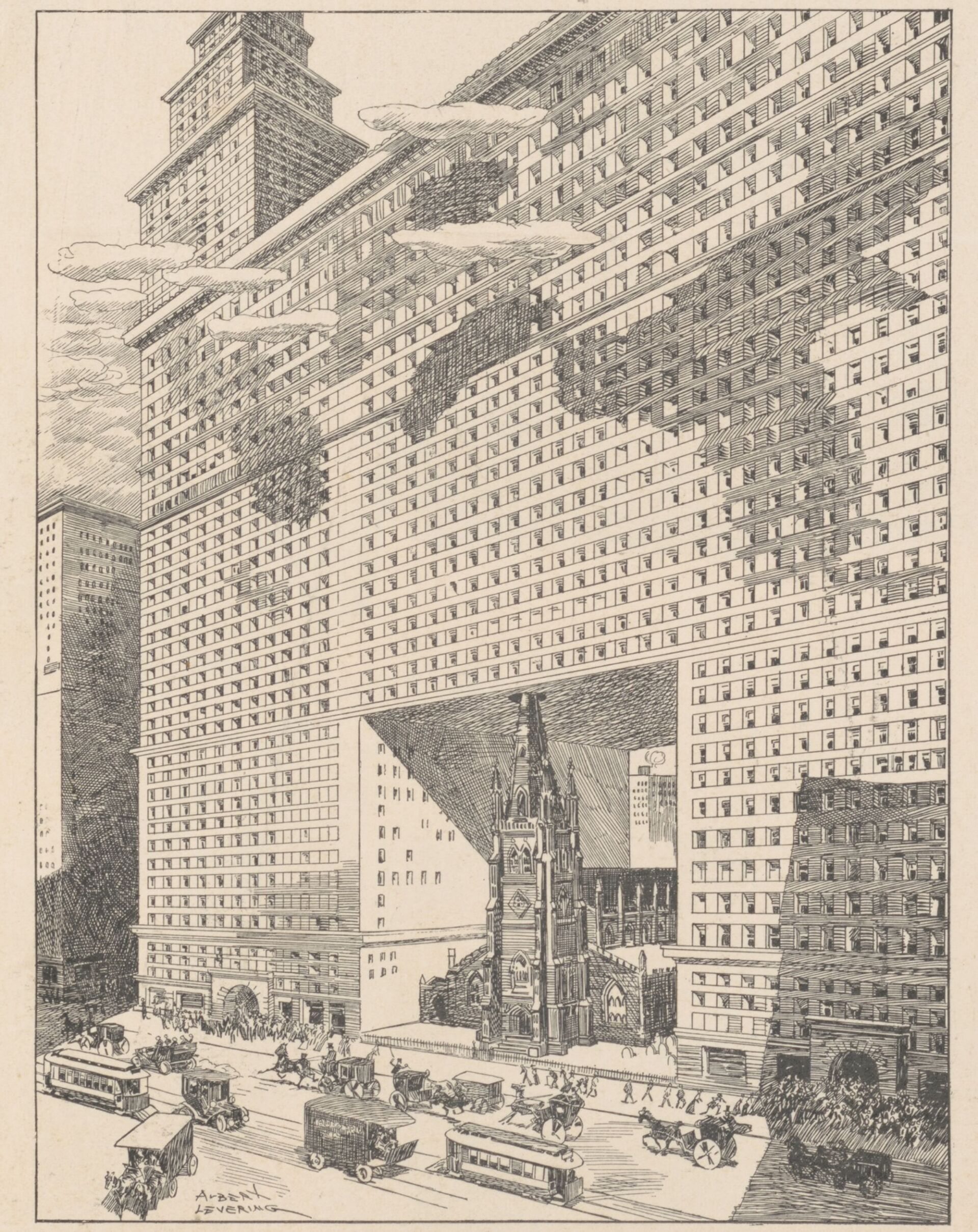 Karikatur auf den Hochhausboom in New York zu Beginn des 20. Jahrhunderts: Die neugotische Kirche wird von kommerzieller Vertikalarchitektur überlagert und beinahe verschluckt. Albert Levering, The Future of Trinity Church, 1907 | Illustration © Courtesy Library of Congress, P&P Karikatur auf den Hochhausboom in New York zu Beginn des 20. Jahrhunderts: Die neugotische Kirche wird von kommerzieller Vertikalarchitektur überlagert und beinahe verschluckt. Albert Levering, The Future of Trinity Church, 1907 | Illustration © Courtesy Library of Congress, P&P