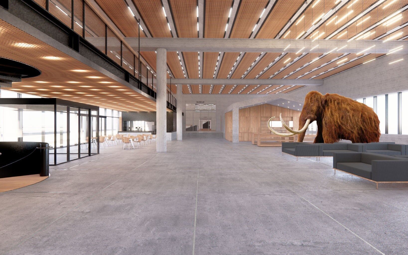 Visualisierung der Eingangshalle im gemeinsamen Neubau für das Naturhistorische Museum und das Staatsarchiv in Basel | Visualisierung: EM2N Visualisierung der Eingangshalle im gemeinsamen Neubau für das Naturhistorische Museum und das Staatsarchiv in Basel | Visualisierung: EM2N