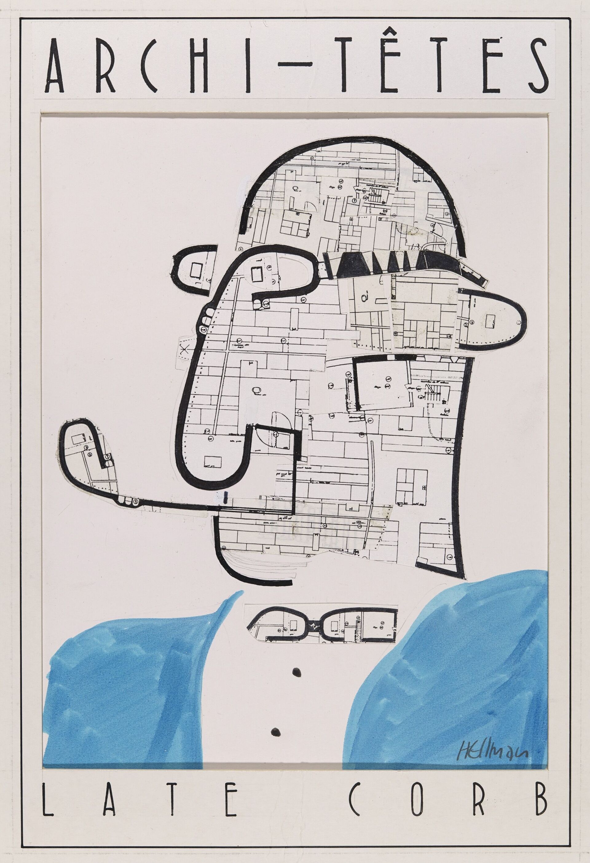 Le Corbusier erscheint als architektonische Figur seiner eigenen Formensprache. Louis Hellman, Late Corb, 2000 | Illustration © Louis Hellman / RIBA Collections Louis Hellman / RIBA Collections