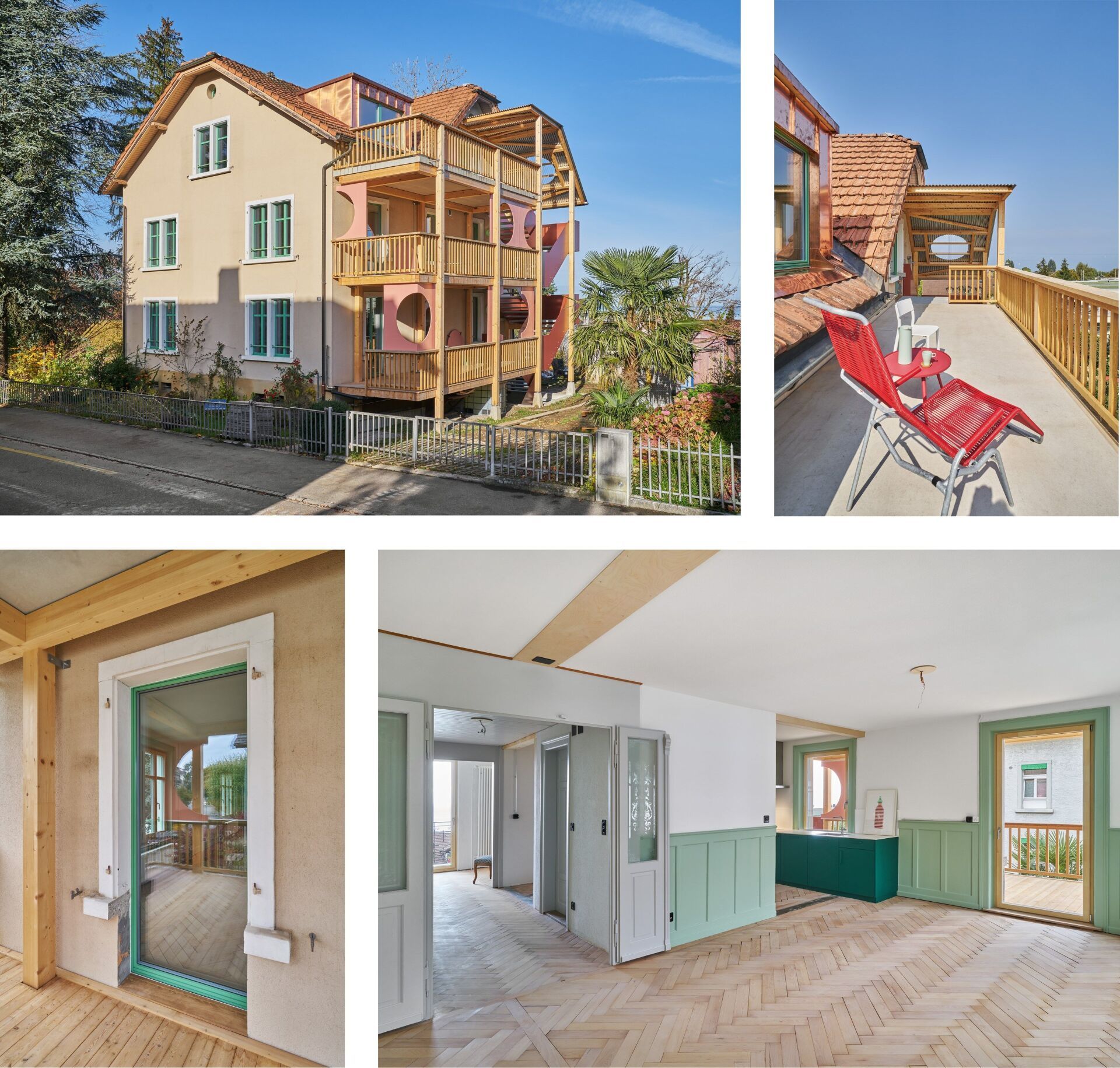 Für das Traum Recycling Haus Rorschach (2020, verantwortliche Architekt*innen und Co-Projektleiter*innen Meret Hodel und Pascal Angehrn) wurde ein 1914 erbautes Wohngebäude um eine grosszügige Holzlaube mit offenem Treppenhaus ergänzt. Im Innern wurden die Wände teilweise entfernt. Vorhandene, überdeckte oder nicht mehr gebrauchte Materialien und Elemente wurden neu interpretiert und teilweise farbig akzentuiert. ©Martin Zeller Für das Traum Recycling Haus Rorschach (2020, verantwortliche Architekt*innen und Co-Projektleiter*innen Meret Hodel und Pascal Angehrn) wurde ein 1914 erbautes Wohngebäude um eine grosszügige Holzlaube mit offenem Treppenhaus ergänzt. Im Innern wurden die Wände teilweise entfernt. Vorhandene, überdeckte oder nicht mehr gebrauchte Materialien und Elemente wurden neu interpretiert und teilweise farbig akzentuiert. ©Martin Zeller