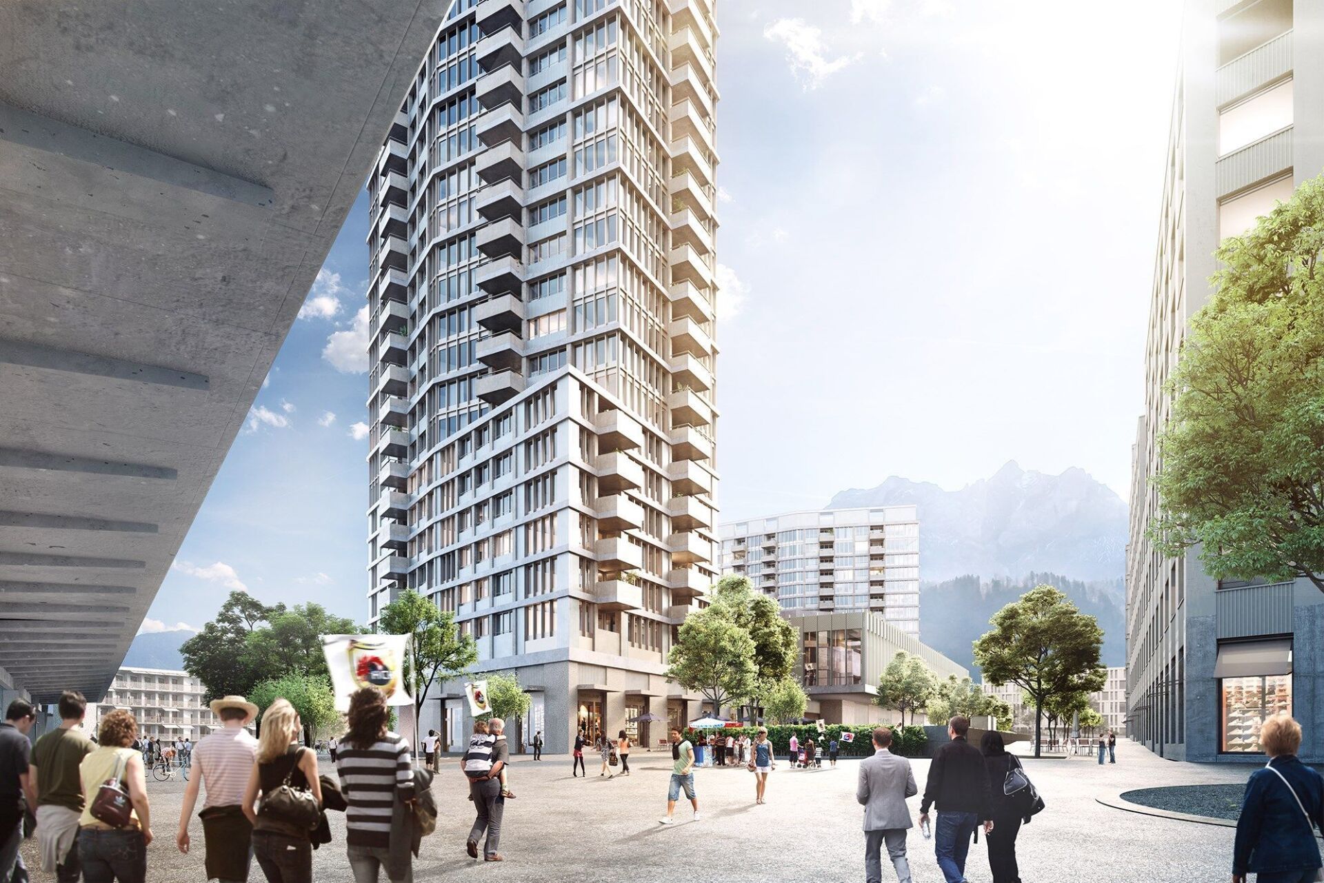 Vers de nouvelles hauteurs – La densification à Lucerne et dans ses environs suggère également une construction accrue à la verticale. Lorenzo Giuliani expliquera, à l'aide du projet Pilatus Arena de Giuliani Hönger Architekten, comment les immeubles de grande hauteur peuvent être intégrés dans le tissu urbain et être activés comme catalyseur d'une nouvelle forme d'urbanité. Visualisation Giulani Hönger