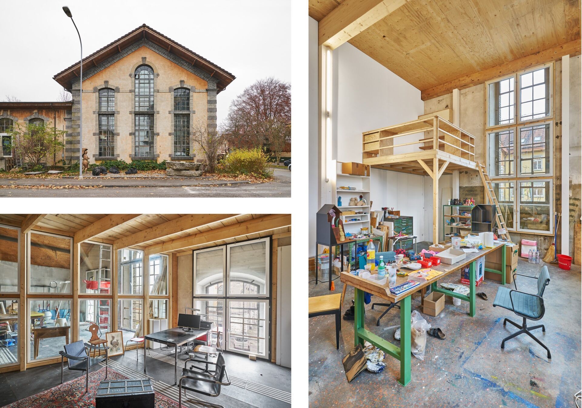 In einer Industriehalle des ehemaligen Gaswerkes Schlieren wurde vier Künstlerateliers eingerichtet (2021, verantwortlicher Architekt Roger Küng, Projektleiter Benjamin Poignon). Die neuen Einbauten im zehn Meter hohen Raum wurden bewusst einfach und reversibel gestaltet, da die Nutzung als Künstlerateliers nur befristet angelegt ist. Fast alle Bauteile wurden wiederverwertet. Die innen angeschlagenen Holzfenster stammen von einer Siedlung in Zürich, die Wand- und Deckenkonstruktion aus Holzplatten dienten ursprünglich einem provisorischen Bahnübergang in Winterthur und die Holzlatten als Geländer einer Strassenüberführung. ©Martin Zeller In einer Industriehalle des ehemaligen Gaswerkes Schlieren wurde vier Künstlerateliers eingerichtet (2021, verantwortlicher Architekt Roger Küng, Projektleiter Benjamin Poignon). Die neuen Einbauten im zehn Meter hohen Raum wurden bewusst einfach und reversibel gestaltet, da die Nutzung als Künstlerateliers nur befristet angelegt ist. Fast alle Bauteile wurden wiederverwertet. Die innen angeschlagenen Holzfenster stammen von einer Siedlung in Zürich, die Wand- und Deckenkonstruktion aus Holzplatten dienten ursprünglich einem provisorischen Bahnübergang in Winterthur und die Holzlatten als Geländer einer Strassenüberführung. ©Martin Zeller