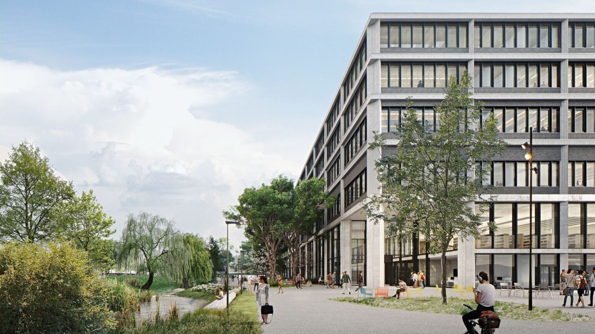 Blick von Westen auf den Haupteingang. Die meisten Personen erreichen den Campus aus dieser Richtung. | Visualisierung: wulf architekten, STUDIOPEZ, Aron Lorincz Atelier Blick von Westen auf den Haupteingang. Die meisten Personen erreichen den Campus aus dieser Richtung. | Visualisierung: wulf architekten, STUDIOPEZ, Aron Lorincz Atelier