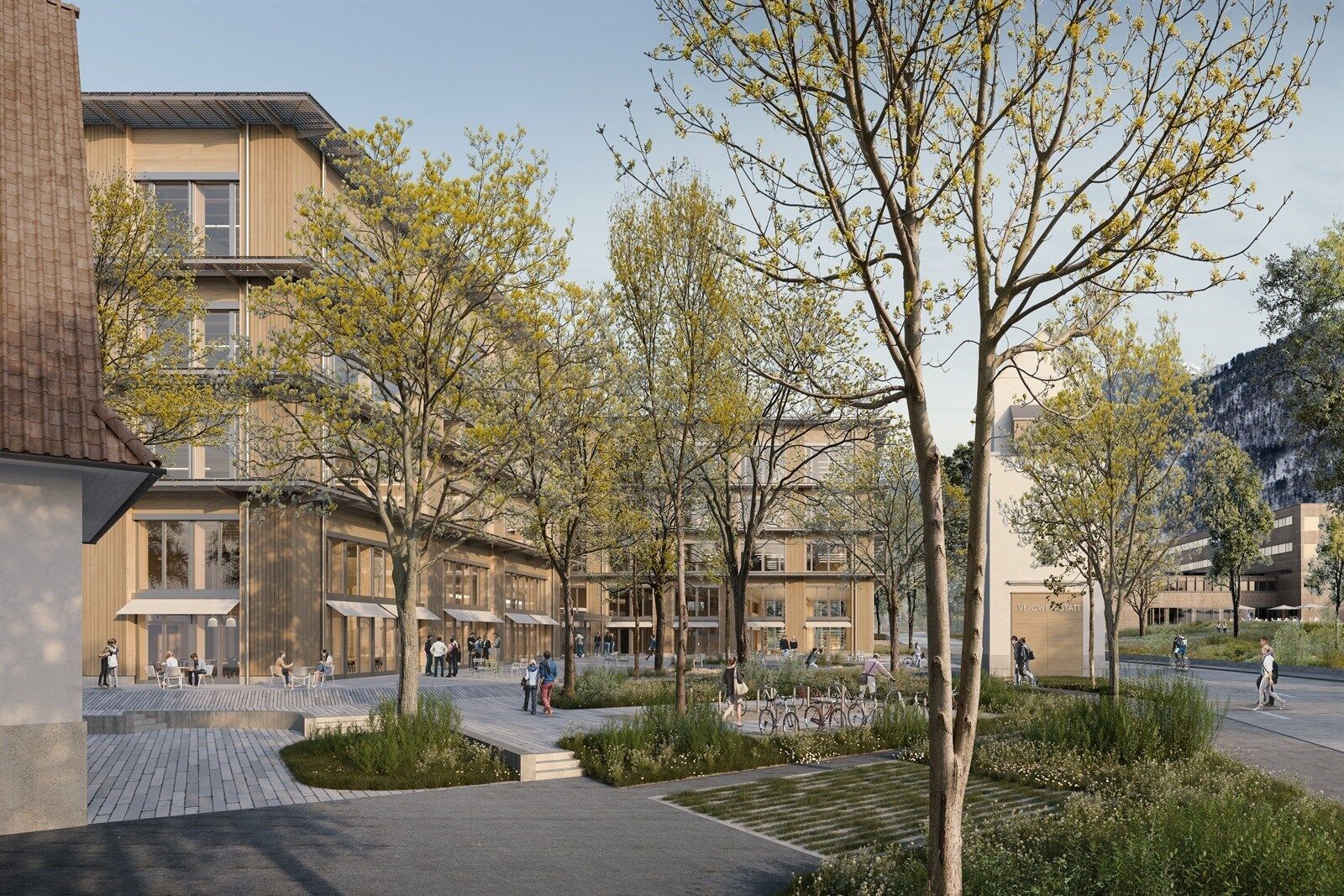 Für den neuen Campus des Fachhochschulzentrums Graubünden wird Holz aus der Region verwendet. | Visualisierung: Giuliani Hönger Architekten Für den neuen Campus des Fachhochschulzentrums Graubünden wird Holz aus der Region verwendet. | Visualisierung: Giuliani Hönger Architekten