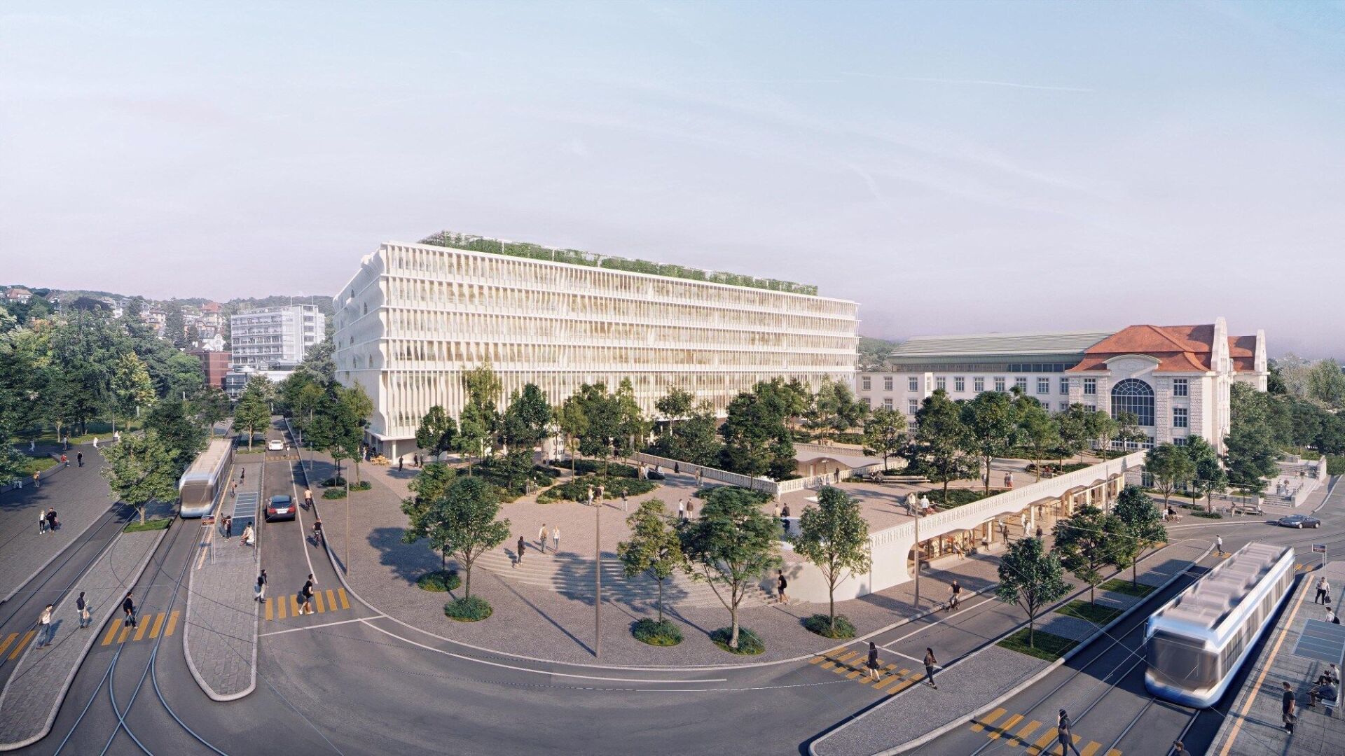 Das neue «Forum UZH» besteht aus einem terrassierten Sockel für die Lehre, einem darüber schwebenden trapezförmigen Gebäude für die Forschung und einem alles verbindenden Innenhof. | Visualisierung: Herzog & de Meuron Das neue «Forum UZH» besteht aus einem terrassierten Sockel für die Lehre, einem darüber schwebenden trapezförmigen Gebäude für die Forschung und einem alles verbindenden Innenhof. | Visualisierung: Herzog & de Meuron