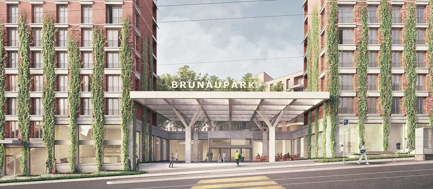 Geplante Überbauung auf dem Brunaupark-Areal: Ansicht Giesshuebelstrasse, Ladenzentrum. | Visualisierung: PD Geplante Überbauung auf dem Brunaupark-Areal: Ansicht Giesshuebelstrasse, Ladenzentrum. | Visualisierung: PD