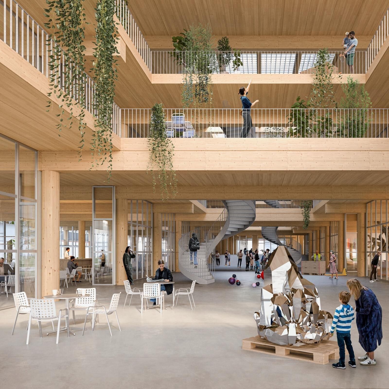 Das Foyer im Neubau soll zum Herz von «campo» werden. Das Atrium steigt bis zu den Wohnungen in den oberen Geschossen auf. | Visualisierung: Studio Burkhardt / Lucas Michael Architektur Das Foyer im Neubau soll zum Herz von «campo» werden. Das Atrium steigt bis zu den Wohnungen in den oberen Geschossen auf. | Visualisierung: Studio Burkhardt / Lucas Michael Architektur