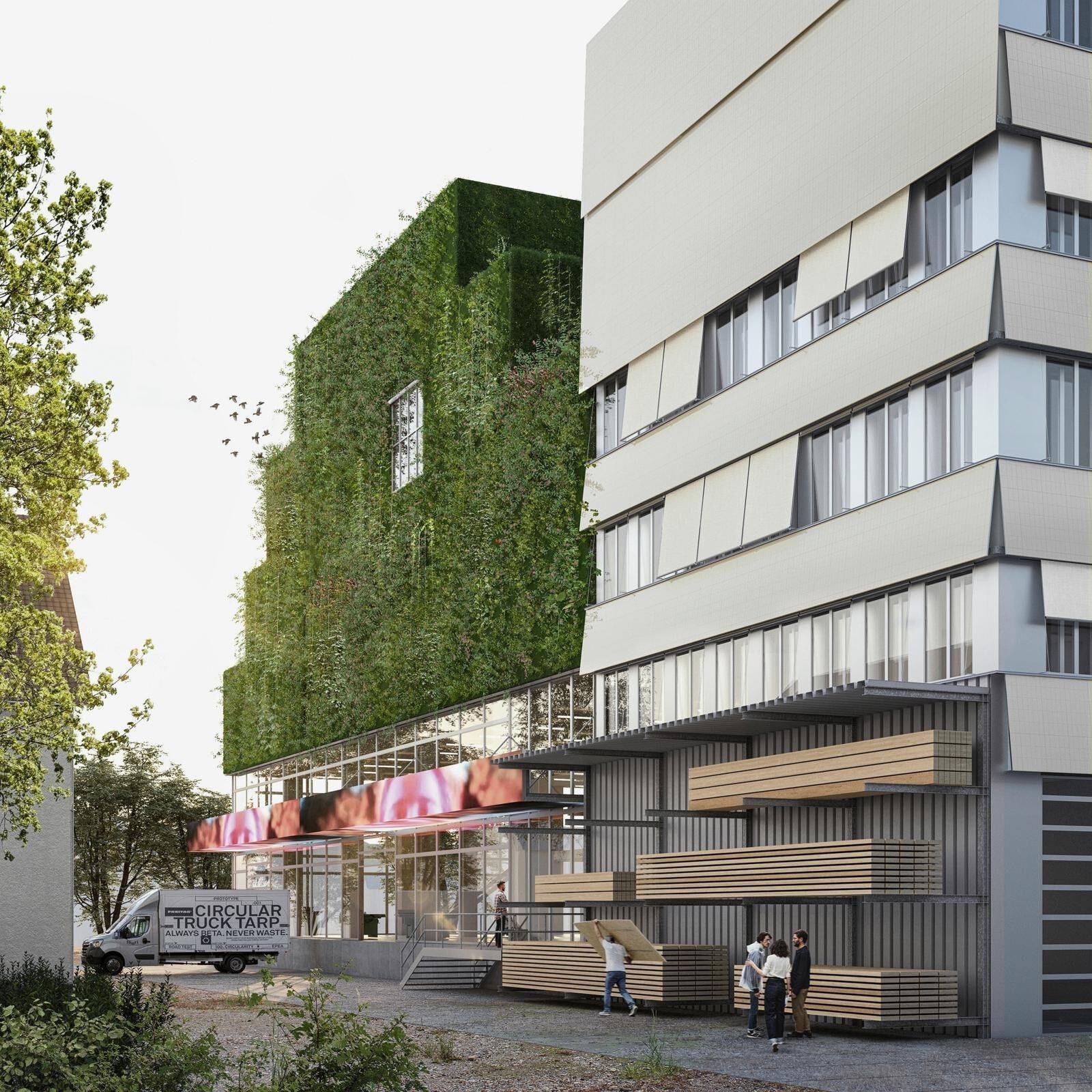Die Nordfassade des Hallenaufbaus soll begrünt werden. Darunter befindet sich die Anlieferung für die Werkstätten und Gewerberäume. | Visualisierung: Studio Burkhardt / Lucas Michael Architektur Die Nordfassade des Hallenaufbaus soll begrünt werden. Darunter befindet sich die Anlieferung für die Werkstätten und Gewerberäume. | Visualisierung: Studio Burkhardt / Lucas Michael Architektur