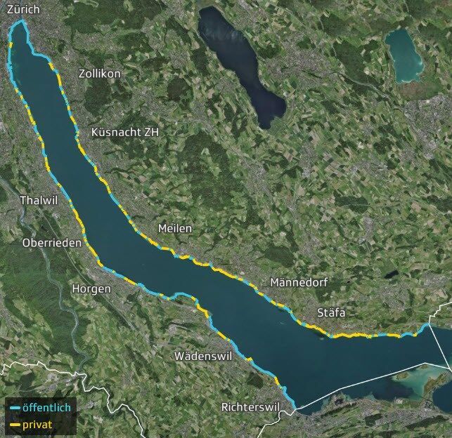 Die Karte zeigt, welche Abschnitte am Zürichsee zugänglich sind und welche nicht. | Plan © swisstopo Die Karte zeigt, welche Abschnitte am Zürichsee zugänglich sind und welche nicht. | Plan © swisstopo