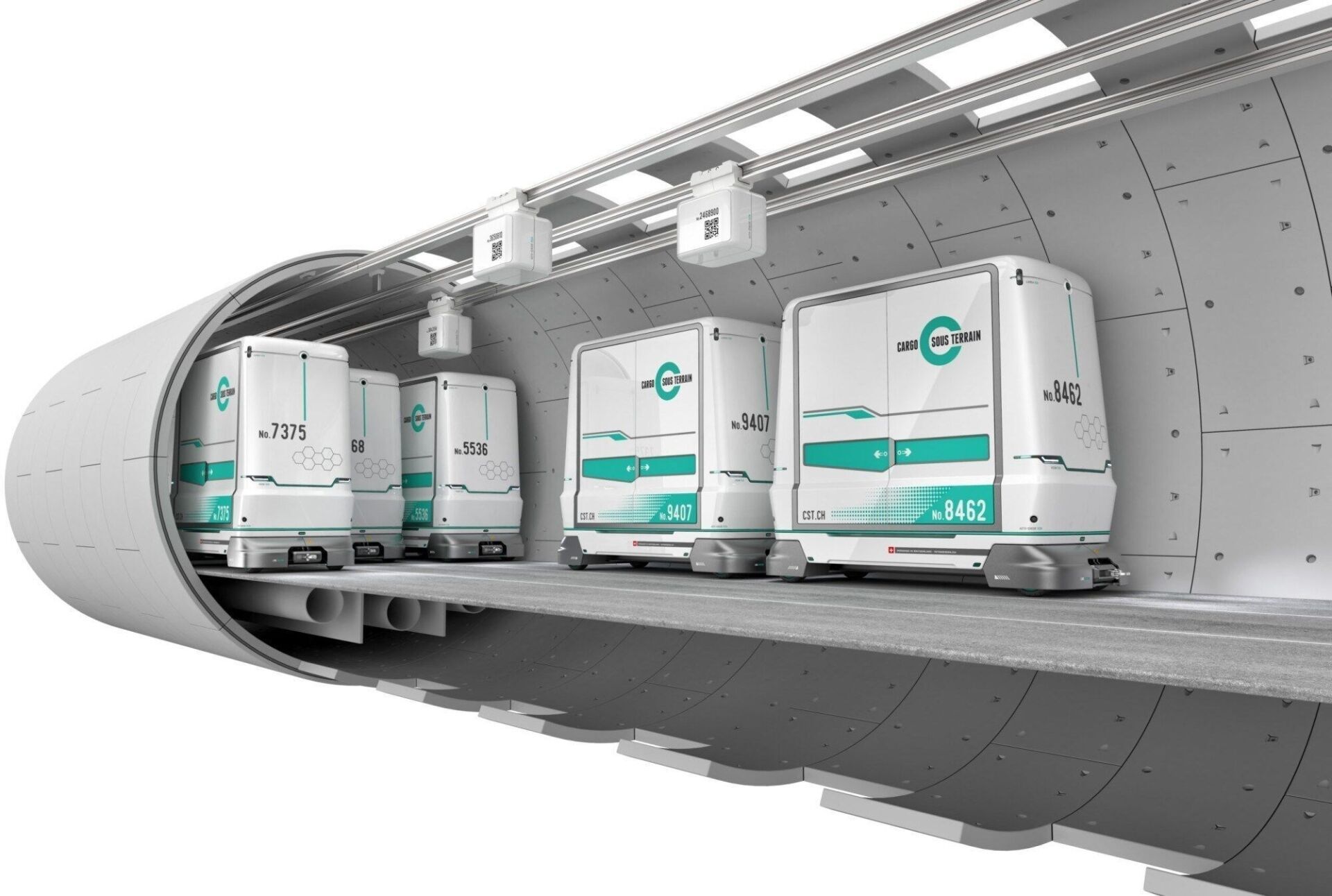 Visualisierung zum Transportsystem von «Cargo sous terrain» in der Tunnelröhre. | Quelle: Cargo sous Terrain Visualisierung zum Transportsystem von «Cargo sous terrain» in der Tunnelröhre. | Quelle: Cargo sous Terrain