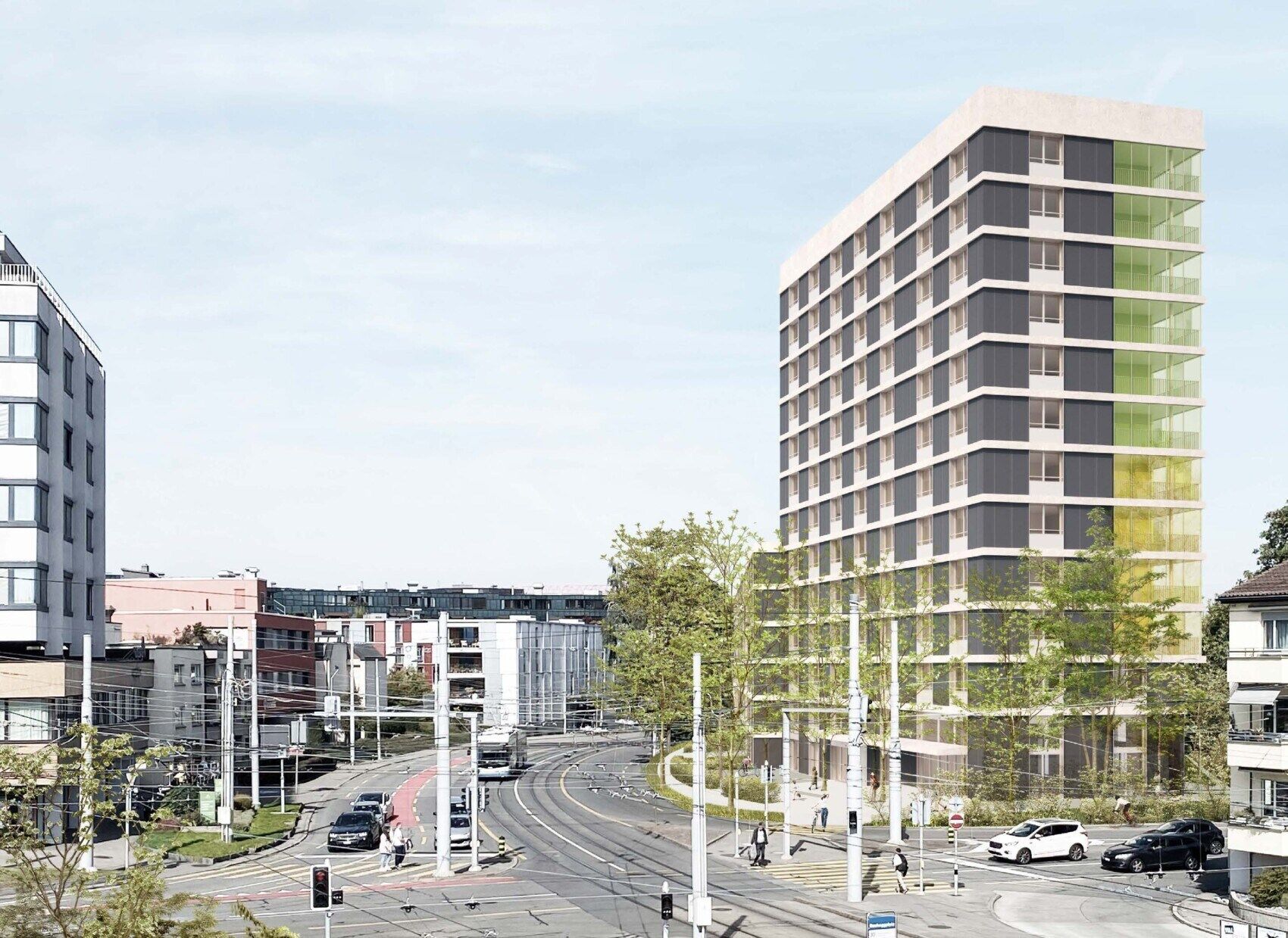 Der Erweiterungsbau soll an die 2007 erstellte SFW-Überbauung «Brunnenhof» anschliessen. | Visualisierung: Annette Gigon / Mike Guyer Architekten Der Erweiterungsbau soll an die 2007 erstellte SFW-Überbauung «Brunnenhof» anschliessen. | Visualisierung: Annette Gigon / Mike Guyer Architekten
